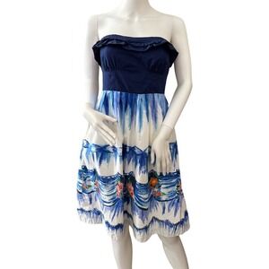 NATHALIE LETE Paris Strapless Dress‎ Ruffle Blue Floral Size 4 Summer Coquette